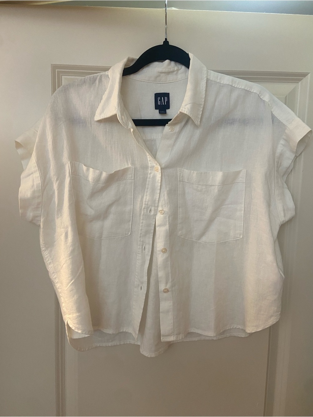 GAP White Short-Sleeve Linen Blend Button-Down Boxy Shirt